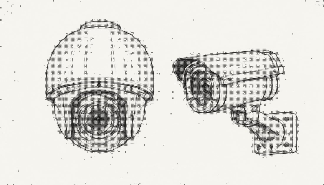 Technical illustration of a dome and bullet security camera