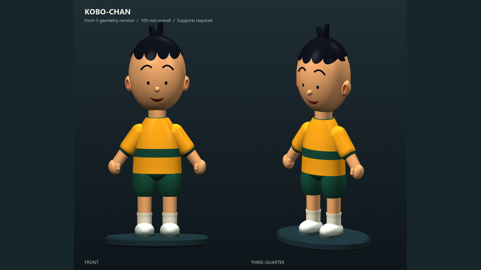 Kobo-chan: a 100 mm solid figurine revised for Form 3, shown from the front and three-quarter view