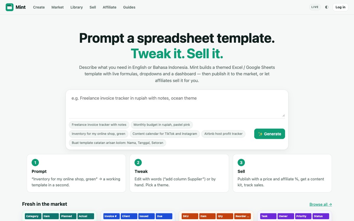 Mint: prompt a spreadsheet template, tweak it, sell it — prompt box with Mint AI and the prompt, tweak, sell flow