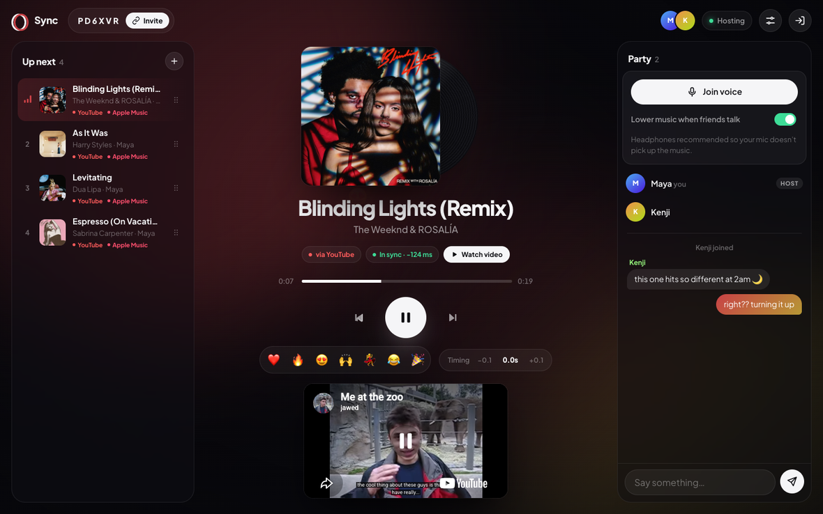 Sync listening room with a synced now-playing card, cross-service queue and party voice chat