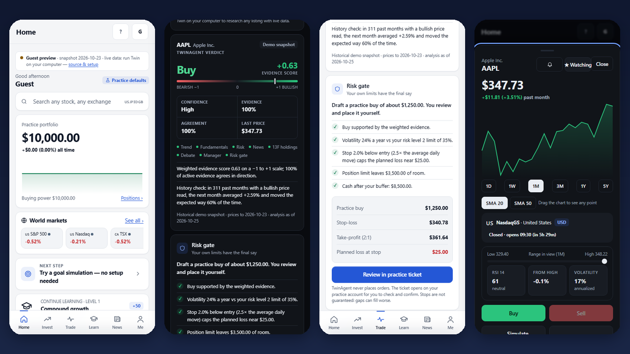 Twin 1.5: redesigned Home, TwinAgent Buy verdict with evidence score, risk gate with practice-trade plan, and AAPL stock page