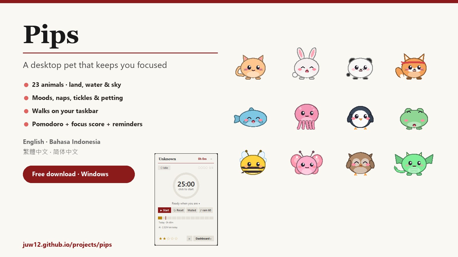 Pips: twelve of the 23 desktop pet animals next to the Pomodoro card